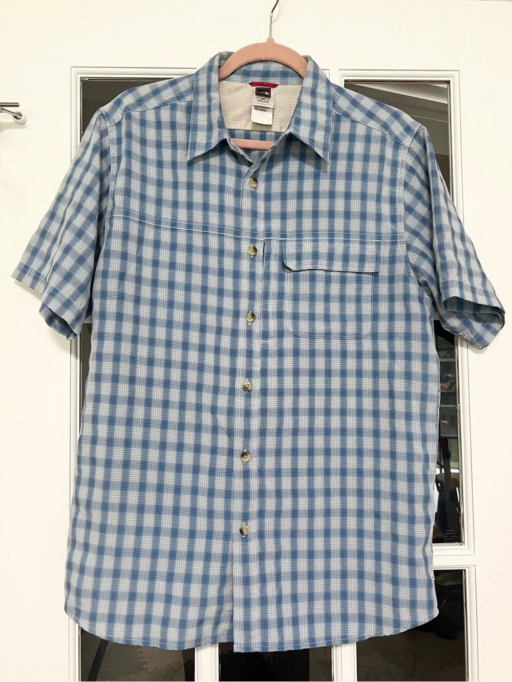 The North Face Blue and White Checked Short-Sleeve Button-Down Shirt